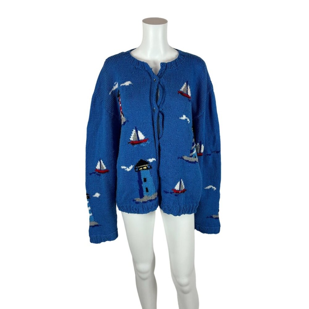 Vintage Lighthouse Cardigan Women's 2X Blue Novelty Nautical Sailboats Handmade - Picture 1 of 12